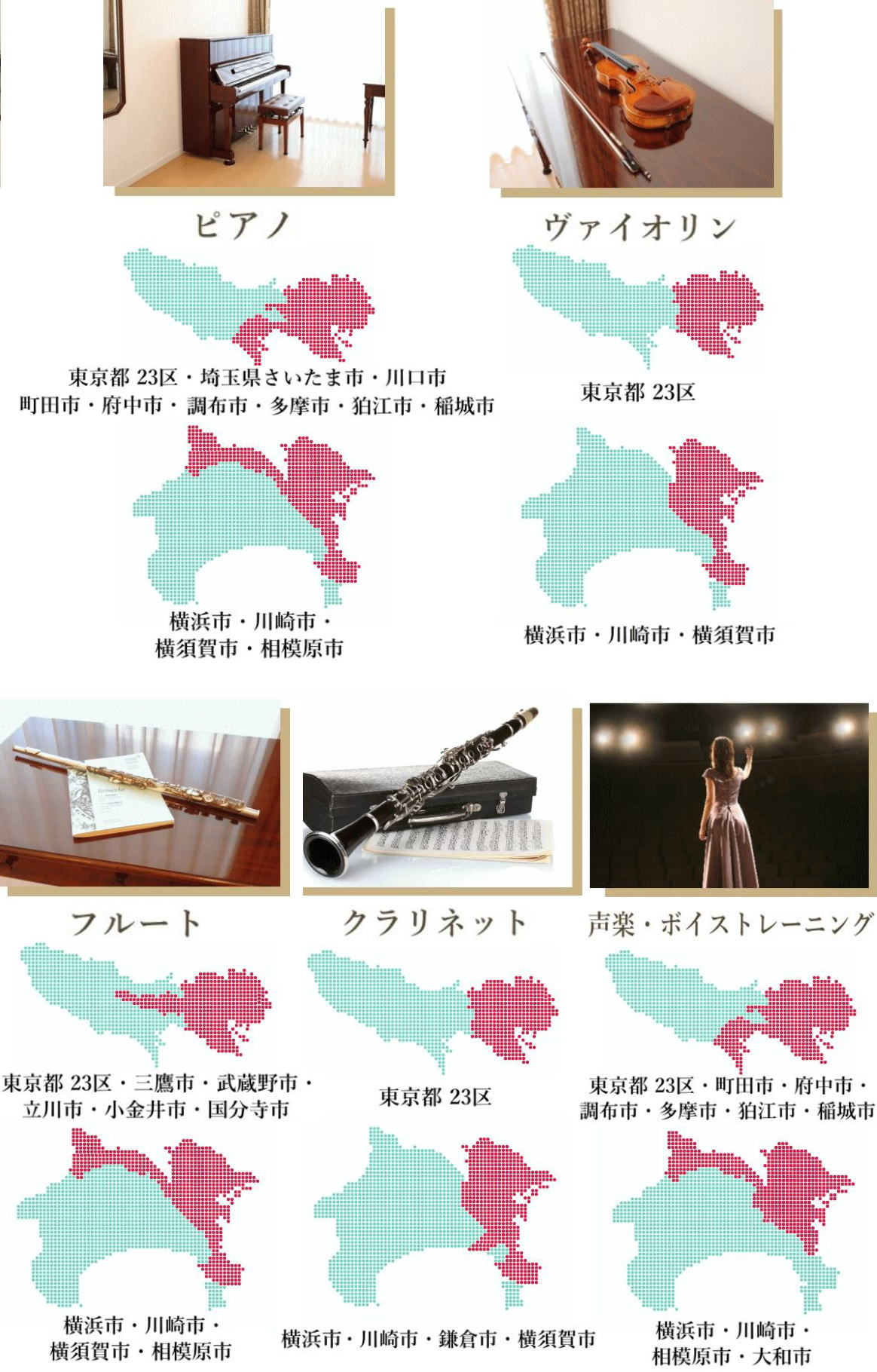 バイオリン・ピアノ・フルート・クラリネット・声楽ボイストレーニング・チェロ
